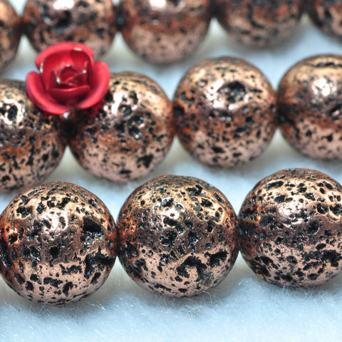 YesBeads Red Bronze Lava stone antiqued copper plated matte round lava beads 10mm 15"