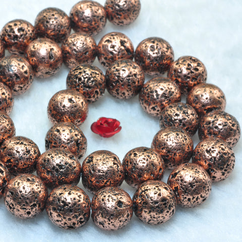 YesBeads Red Bronze Lava stone antiqued copper plated matte round lava beads 10mm 15"