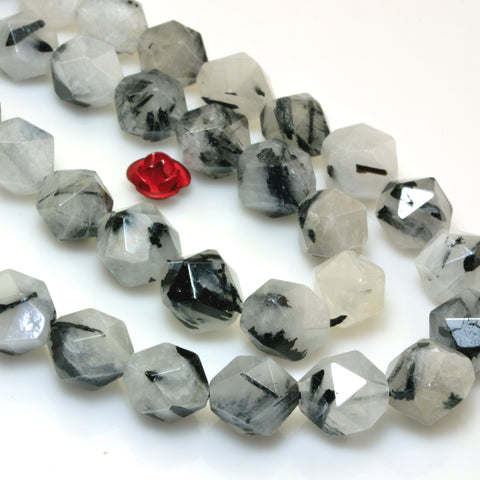 YesBeads Natural Black Rutilated Quartz star cut faceted nugget beads gemstone 15"