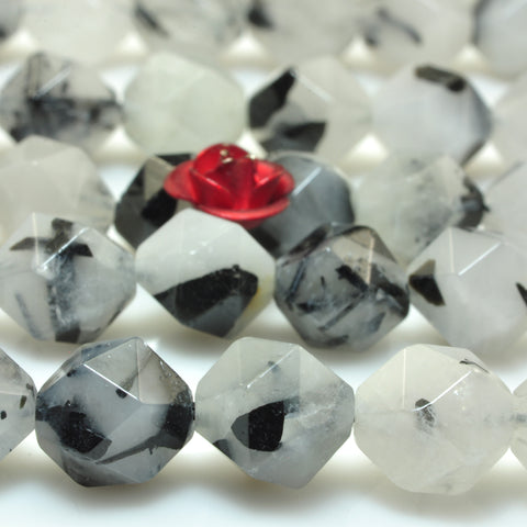 YesBeads Natural Black Rutilated Quartz star cut faceted nugget beads gemstone 15"