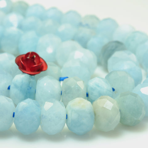 YesBeads Natural Aquamarine gemstone faceted loose rondelle beads wholesale jewelry making 6x8mm 15"