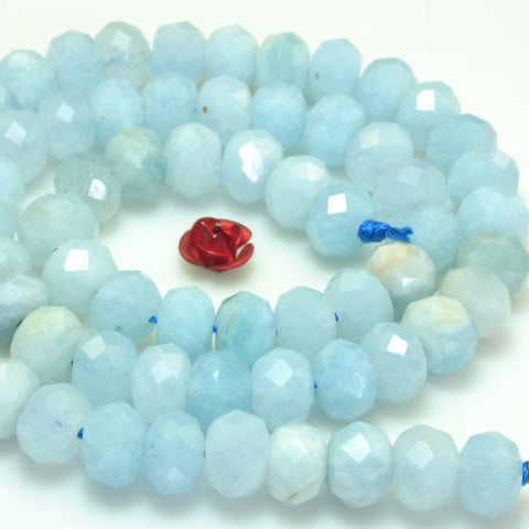 YesBeads Natural Aquamarine gemstone faceted loose rondelle beads wholesale jewelry making 6x8mm 15"