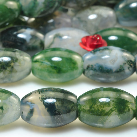 Natural green Moss Agate smooth rice beads gemstone 10x14mm 15"