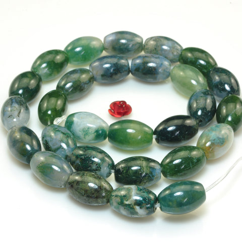 Natural green Moss Agate smooth rice beads gemstone 10x14mm 15"