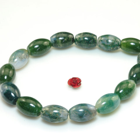 Natural green Moss Agate smooth rice beads gemstone 10x14mm 15"