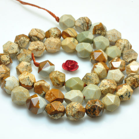 YesBeads Natural Picture Jasper star cut faceted nugget beads gemstone 8mm 15"