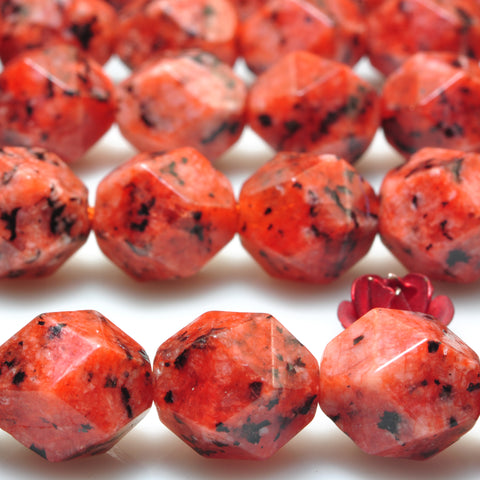 YesBeads Black Dot Red Jade star cut faceted nugget beads gemstone 10mm 15"