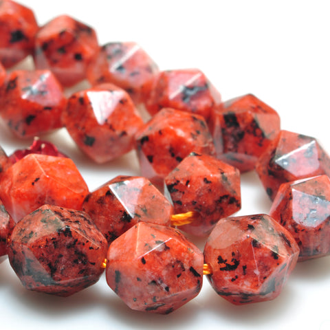 YesBeads Black Dot Red Jade star cut faceted nugget beads gemstone 10mm 15"