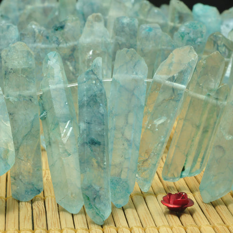 YesBeads Quartz crystal points titanium coated blue rough matte spike tower stick beads gemstone 15"