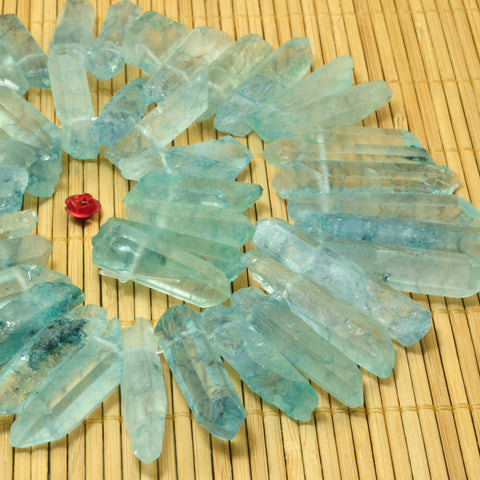YesBeads Quartz crystal points titanium coated blue rough matte spike tower stick beads gemstone 15"