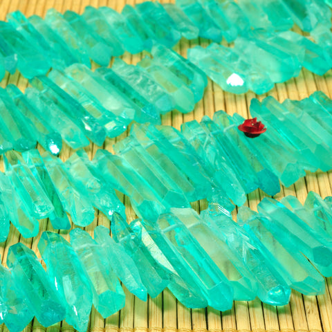 YesBeads Quartz crystal points titanium coated green rough matte spike tower stick beads gemstone 15"
