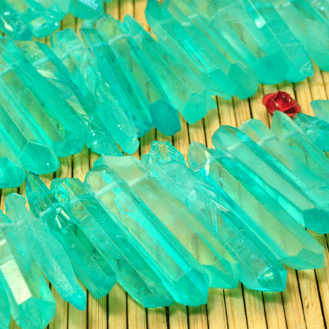 YesBeads Quartz crystal points titanium coated green rough matte spike tower stick beads gemstone 15"