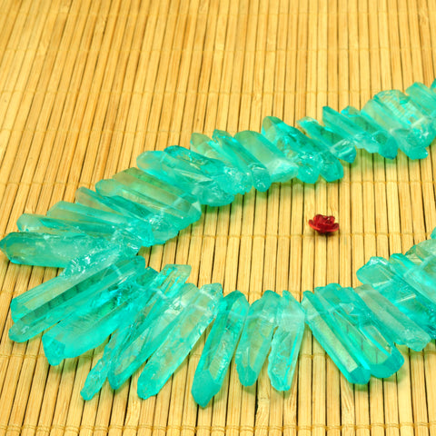 YesBeads Quartz crystal points titanium coated green rough matte spike tower stick beads gemstone 15"