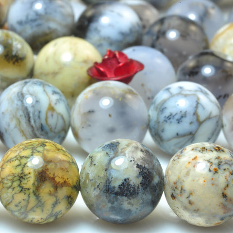 YesBeads Natural Black Moss Opal smooth round beads gemstone wholesale jewelry 15"