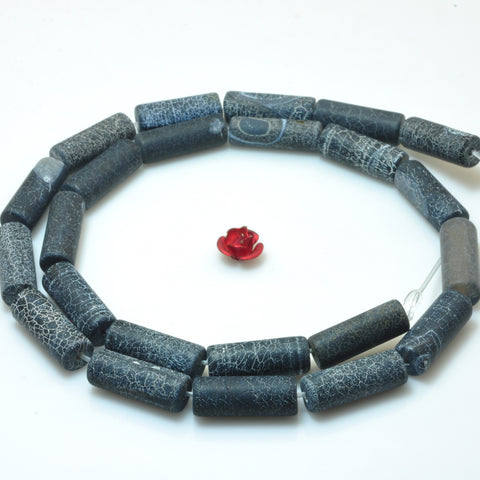 YesBeads Black Fire Agate crackle frosted matte tube beads gemstone wholesale 15"