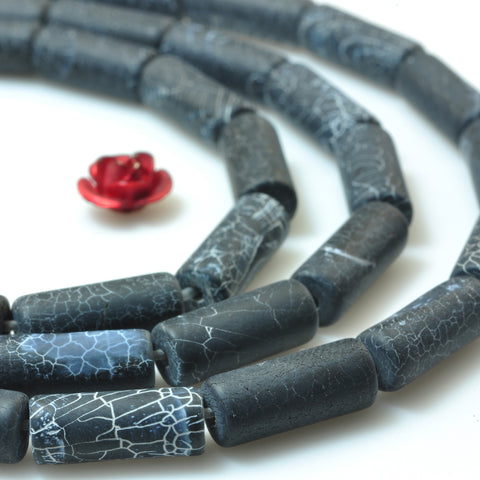 YesBeads Black Fire Agate crackle frosted matte tube beads gemstone wholesale 15"