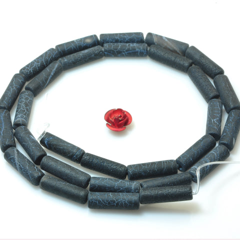 YesBeads Black Fire Agate crackle frosted matte tube beads gemstone wholesale 15"