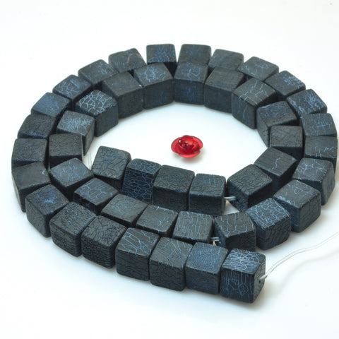 YesBeads Black Fire Agate crackle frosted matte square cube beads wholesale gemstone jewelry 15"