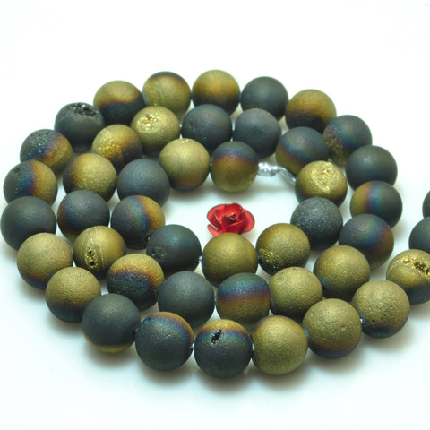 YesBeads Druzy Agate titanium coated black gold agate matte round beads gemstone 15"