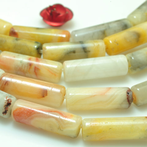 YesBeads Natural Crazy Lace Agate Mexican yellow gemsotne smooth tube beads 4x13mm 15"