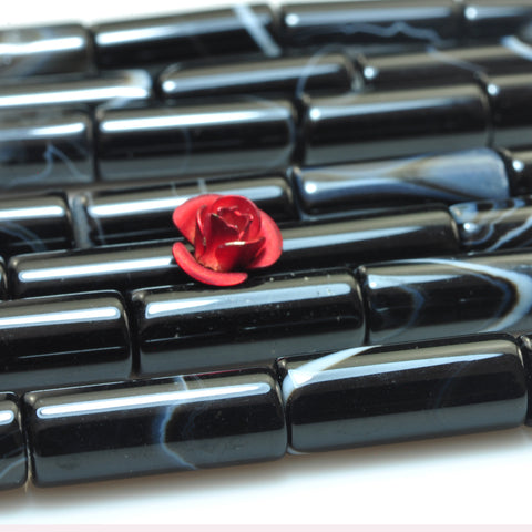 YesBeads Black Banded Agate smooth tube beads gemstone 6x16mm 15"