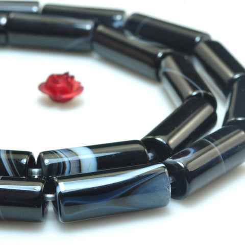 YesBeads Black Banded Agate smooth tube beads gemstone 6x16mm 15"