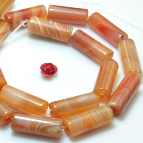 YesBeads Natural Red Banded Agate smooth tube beads wholesale gemstone 8x20mm 15"