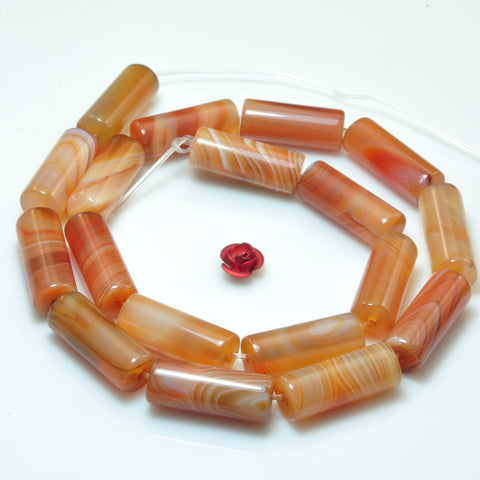 YesBeads Natural Red Banded Agate smooth tube beads wholesale gemstone 8x20mm 15"