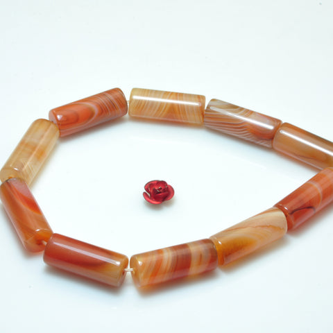 YesBeads Natural Red Banded Agate smooth tube beads wholesale gemstone 8x20mm 15"