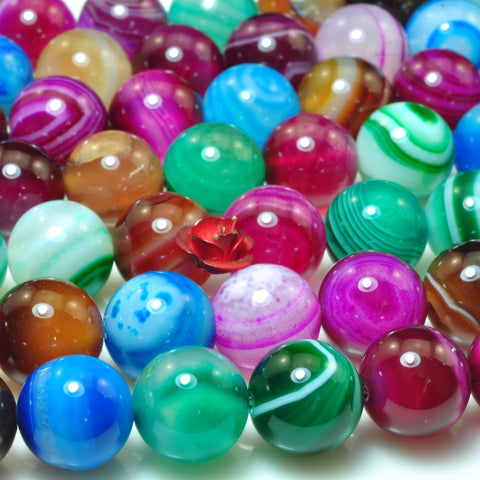 YesBeads Rainbow Banded Agate mix color gemstone smooth round beads wholesale 15"