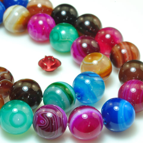 YesBeads Rainbow Banded Agate mix color gemstone smooth round beads wholesale 15"