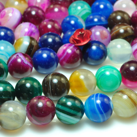 YesBeads Rainbow Banded Agate mix color gemstone smooth round beads wholesale 15"