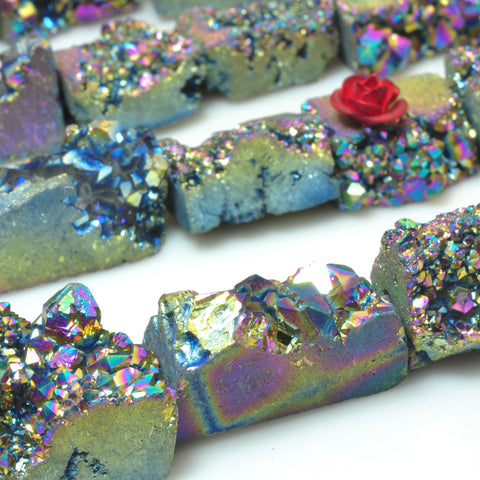 YesBeads Rainbow Druzy Quartz titanium coated raw rough flat back nugget beads gemstone 15.5"