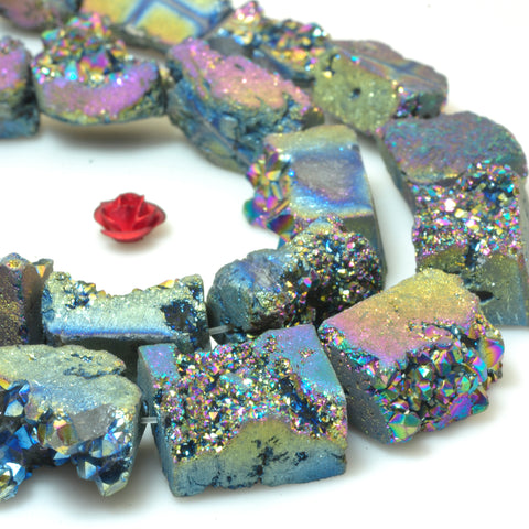 YesBeads Rainbow Druzy Quartz titanium coated raw rough flat back nugget beads gemstone 15.5"