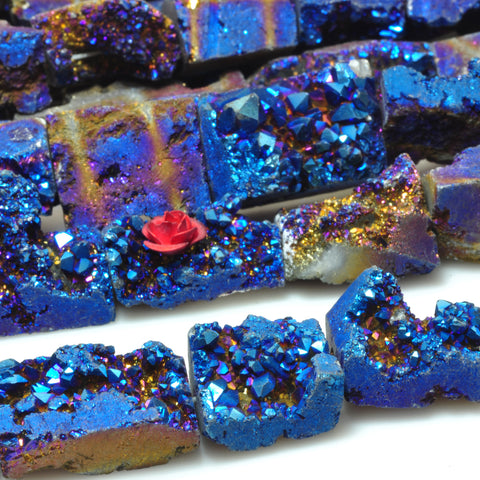 YesBeads Blue Druzy Quartz titanium coated raw rough flat back nugget beads gemstone 15.5"
