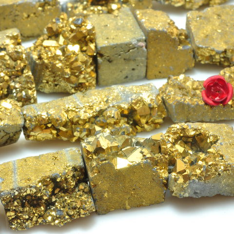 YesBeads Gold Druzy Quartz titanium coated raw rough flat back nugget beads gemstone 15.5"