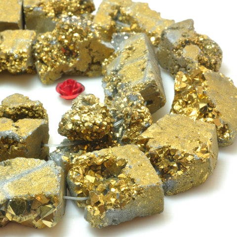 YesBeads Gold Druzy Quartz titanium coated raw rough flat back nugget beads gemstone 15.5"