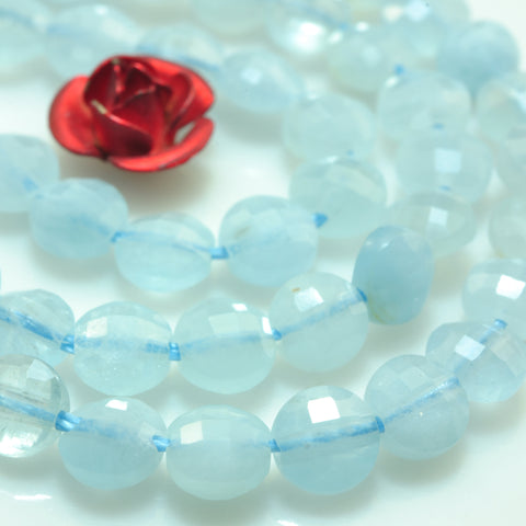 YesBeads Natural Aquamarine gemstone micro faceted coin loose beads wholesale jewelry making 4mm 15"