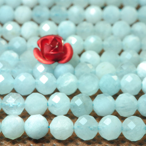 YesBeads Natural Aquamarine gemstone faceted round loose beads wholesale jewelry making 15"
