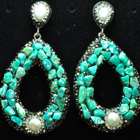 YesBeads Earrings Amazonite chips pearl bead rhinestone crystal pave stud dangle earrings drop shape whoelesale jewelry