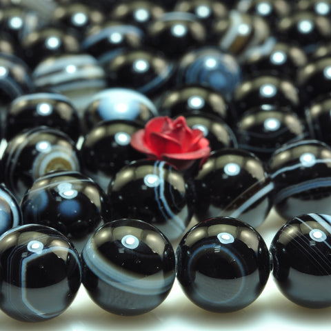 YesBeads Natural black banded agate smooth round loose beads black eye agate gemstone wholesale jewelry making 8mm 10mm 15"
