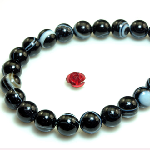 YesBeads Natural black banded agate smooth round loose beads black eye agate gemstone wholesale jewelry making 8mm 10mm 15"