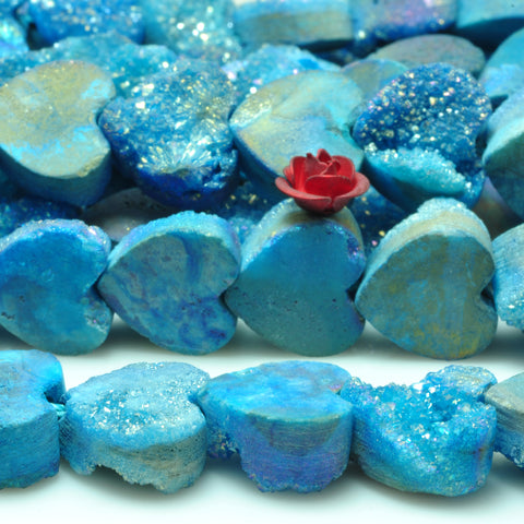 YesBeads Druzy Quartz titanium blue rough flat back heart beads gemstone jewelry 7"