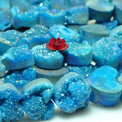 YesBeads Druzy Quartz titanium blue rough flat back heart beads gemstone jewelry 7"