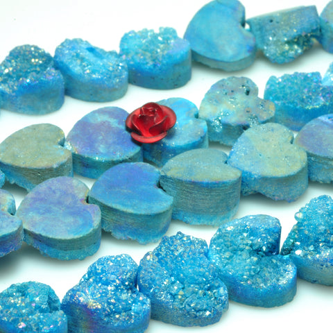 YesBeads Druzy Quartz titanium blue rough flat back heart beads gemstone jewelry 7"