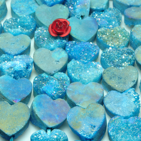 YesBeads Druzy Quartz titanium blue rough flat back heart beads gemstone jewelry 7"