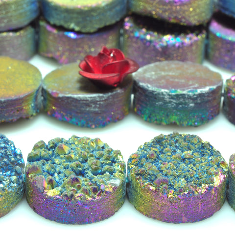 YesBeads Druzy Quartz titanium rainbow rough flat back coin beads gemstone jewelry 7.5"