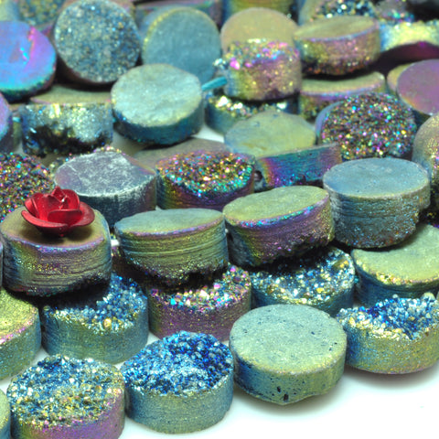 YesBeads Druzy Quartz titanium rainbow rough flat back coin beads gemstone jewelry 7.5"