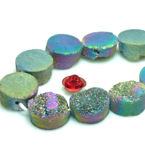 YesBeads Druzy Quartz titanium rainbow rough flat back coin beads gemstone jewelry 7.5"
