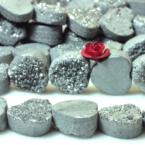 YesBeads Druzy Quartz titanium silver rough flat back heart beads gemstone jewelry 7"